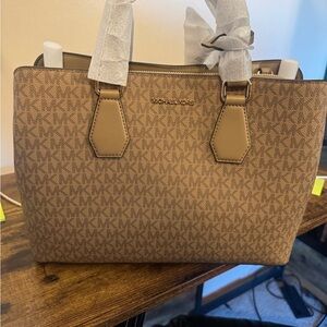 Michael Kors Tan/Brown Logo-Print Saffiano Tote